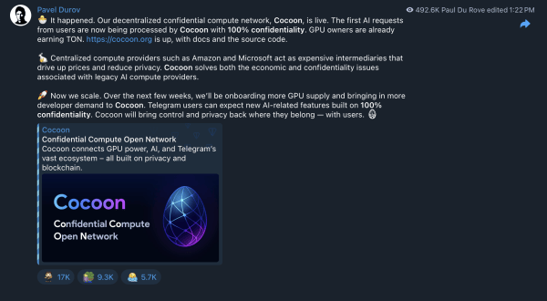 Децентрализованная сеть искусственного интеллекта Cocoon запускается в открытой сети (TON) Децентрализованная сеть искусственного интеллекта Cocoon запускается в открытой сети (TON)